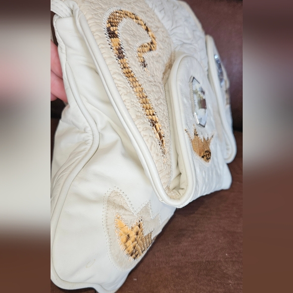 PELLE Vintage 80s Shoulder Bag Envelope Purse Ostrich Embossed Cream Leather - Picture 12 of 15